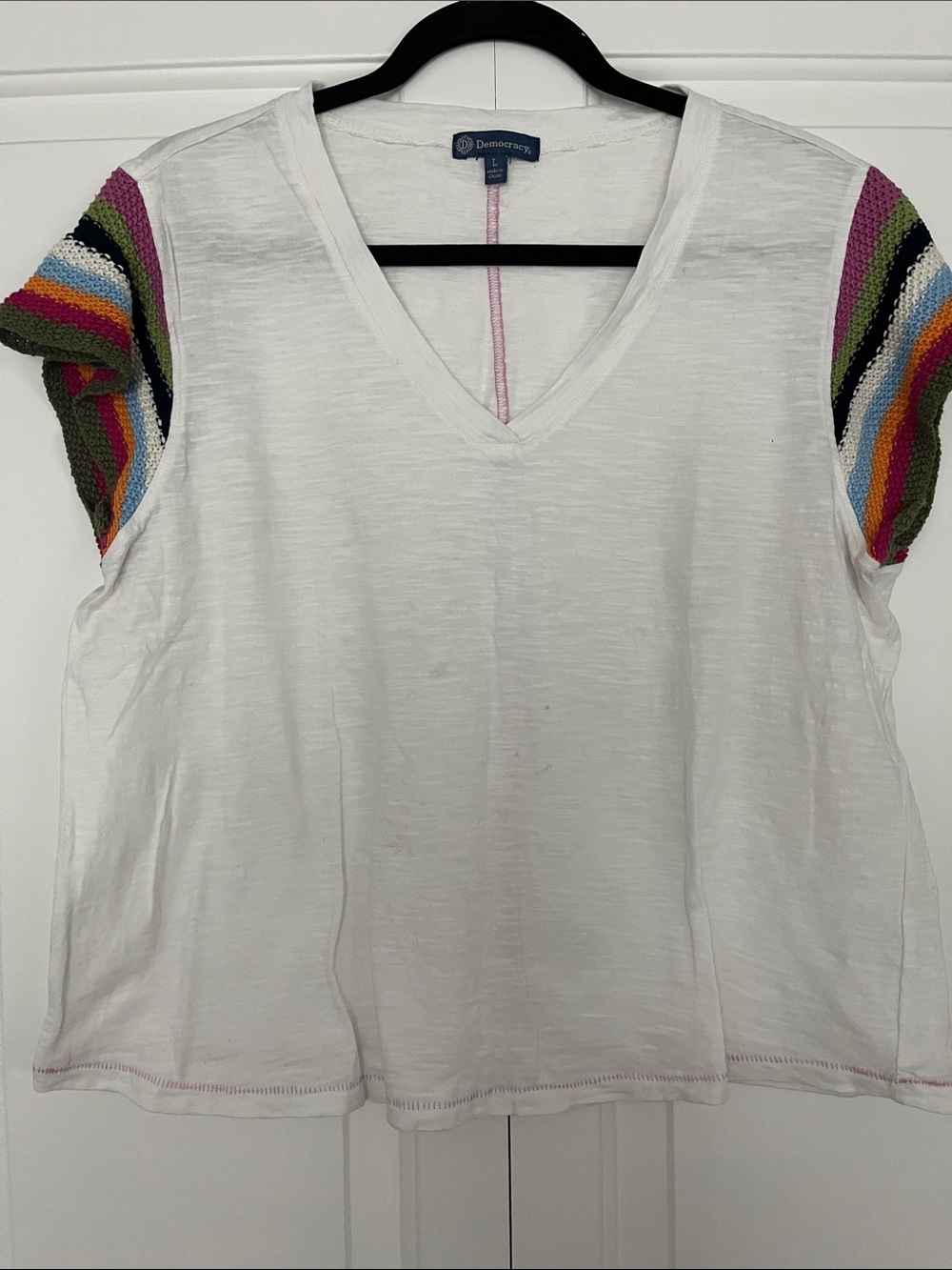 Democracy: White V-Neck Tee with Rainbow Crochet Cap Sleeves